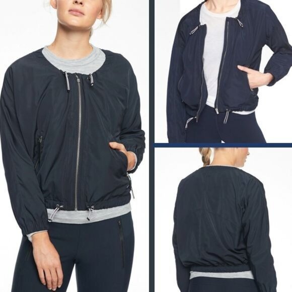 Athleta Jackets & Blazers - Athleta Chill Bomber Jacket 202074-04 Womens M Navy Captain Lined Zip Drawstring